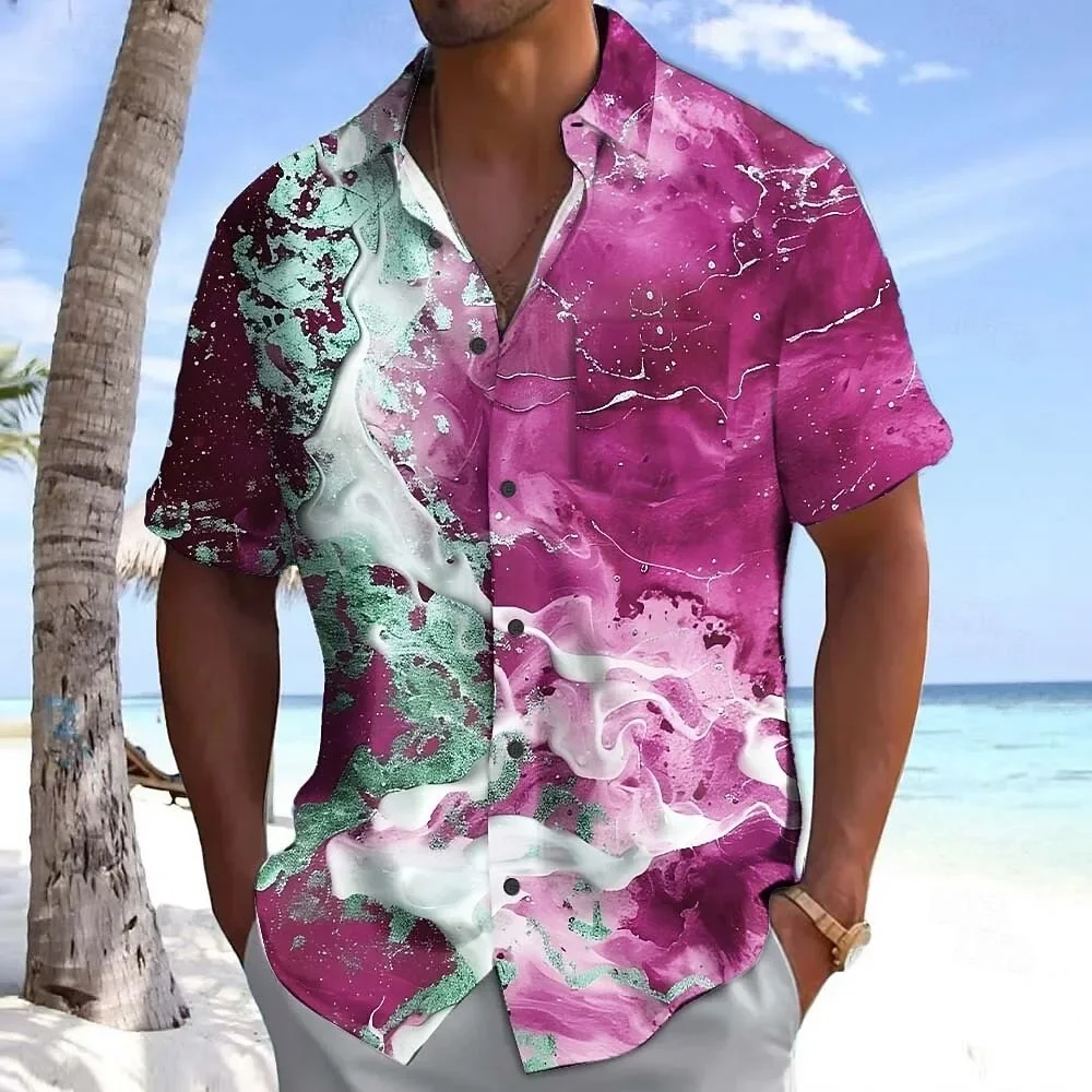 Men's Casual Short Sleeved Shirt Top with 3D Leaf Print Checkered Pattern Street Fashion
