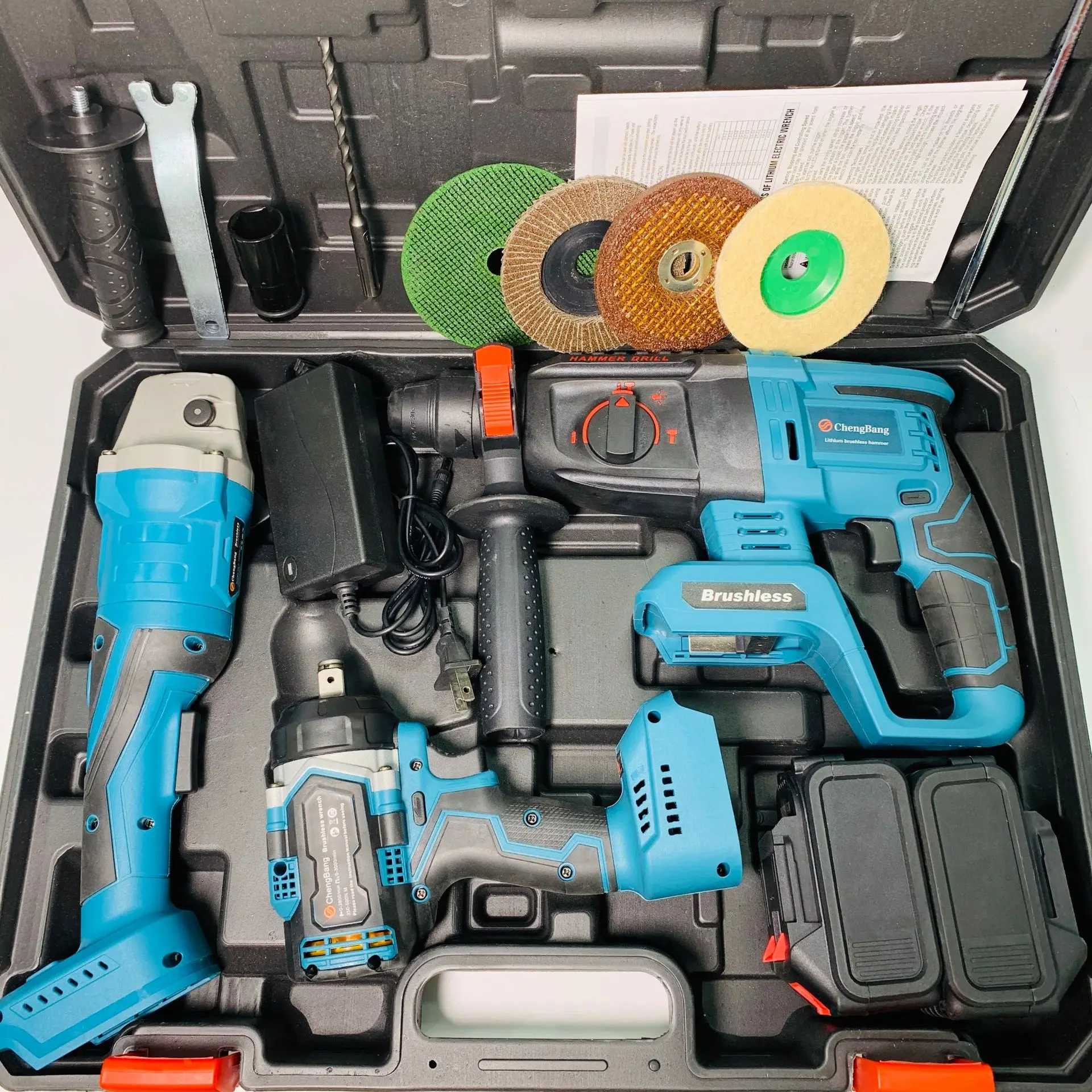 Set Of 3pcs Power Tools Rechargeable Lithium Electric Hammer Drill Brushless Angle Grinder Cordless Wrench Combination Tool Set