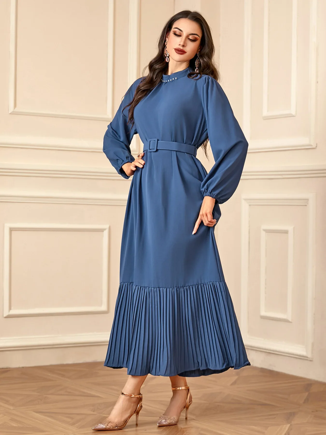 

Muslim Abaya Women Pleated Belted Maxi Dress Turkey Kaftan Eid Djellaba Islam Clothing Arabic Robe Ramadan Caftan Femme Vestidos