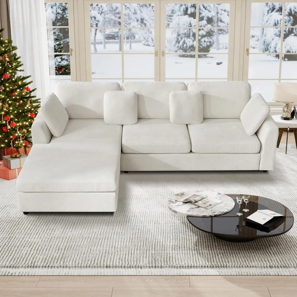 

L Shaped Sectional Couch, Oversized 108 Modular Sofa with Convertible Chaise, Comfy 4 Pillows Sofa for Living Room, White