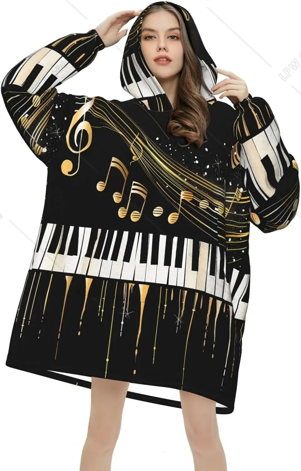 Music Theme Wearable Blanket Hoodie Piano Keyboard Music Notes Oversized Sweatshirt Blanket Cozy Warm Sherpa Hooded Blanket