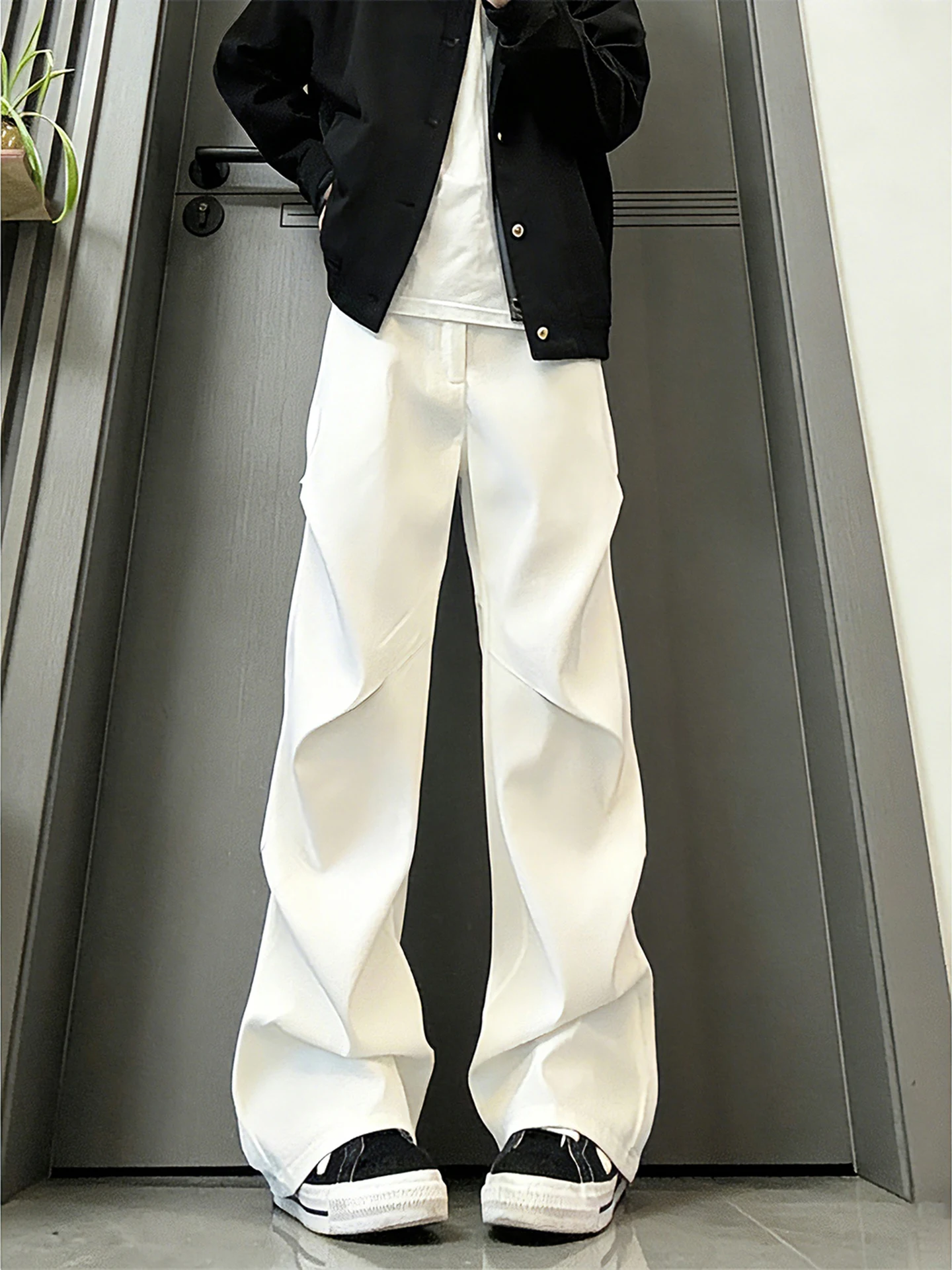 White Pleated Flared Casual Trousers Men's Spring American Cleanfit Workwear Straight Leg Wide Leg Casual Long Pants