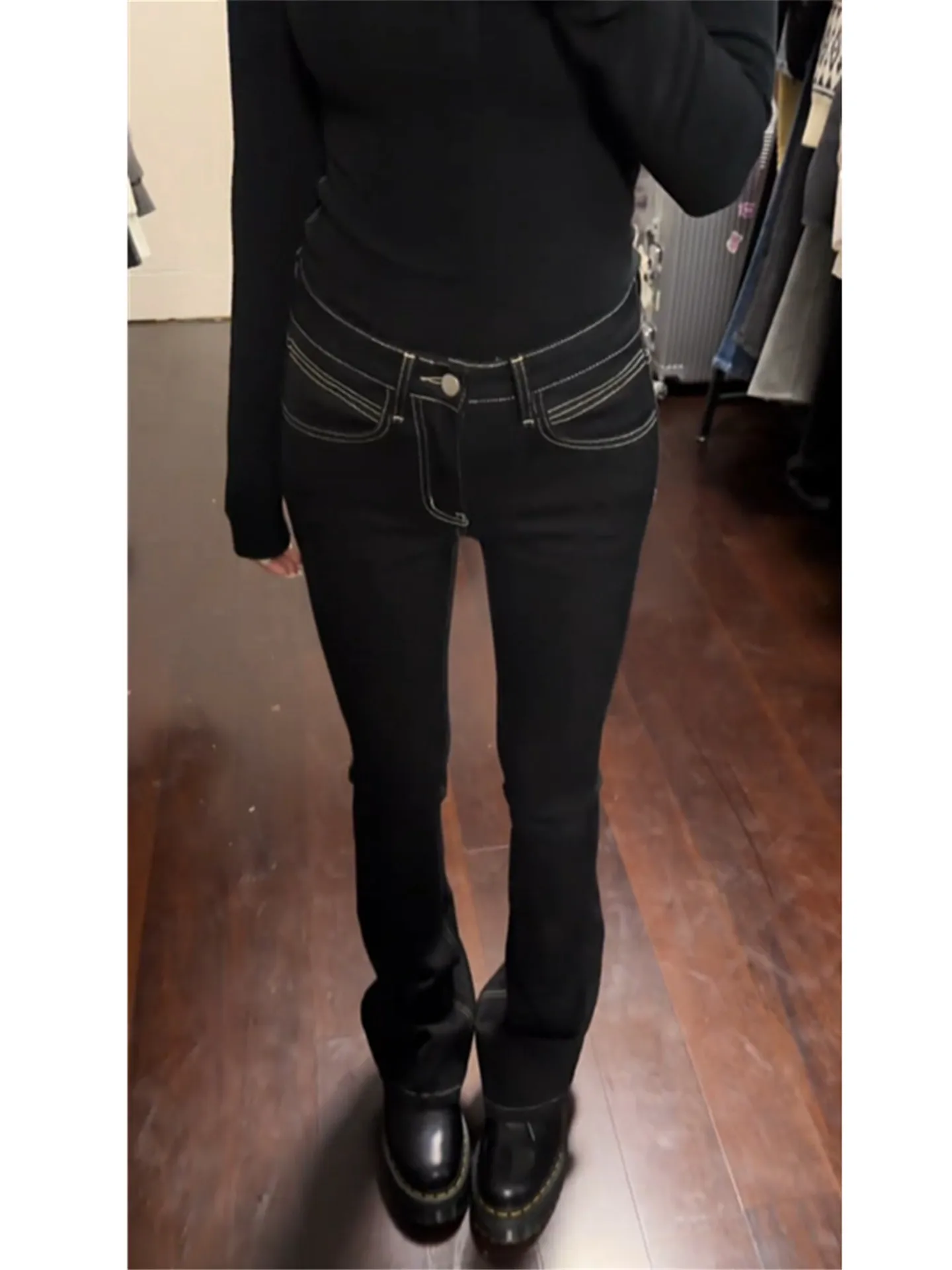 

American Vintage Low Waist Bell Bottom Jeans Women's Slimming Sexy Black Denim Spring Casual Cotton Blend Zipper Closure