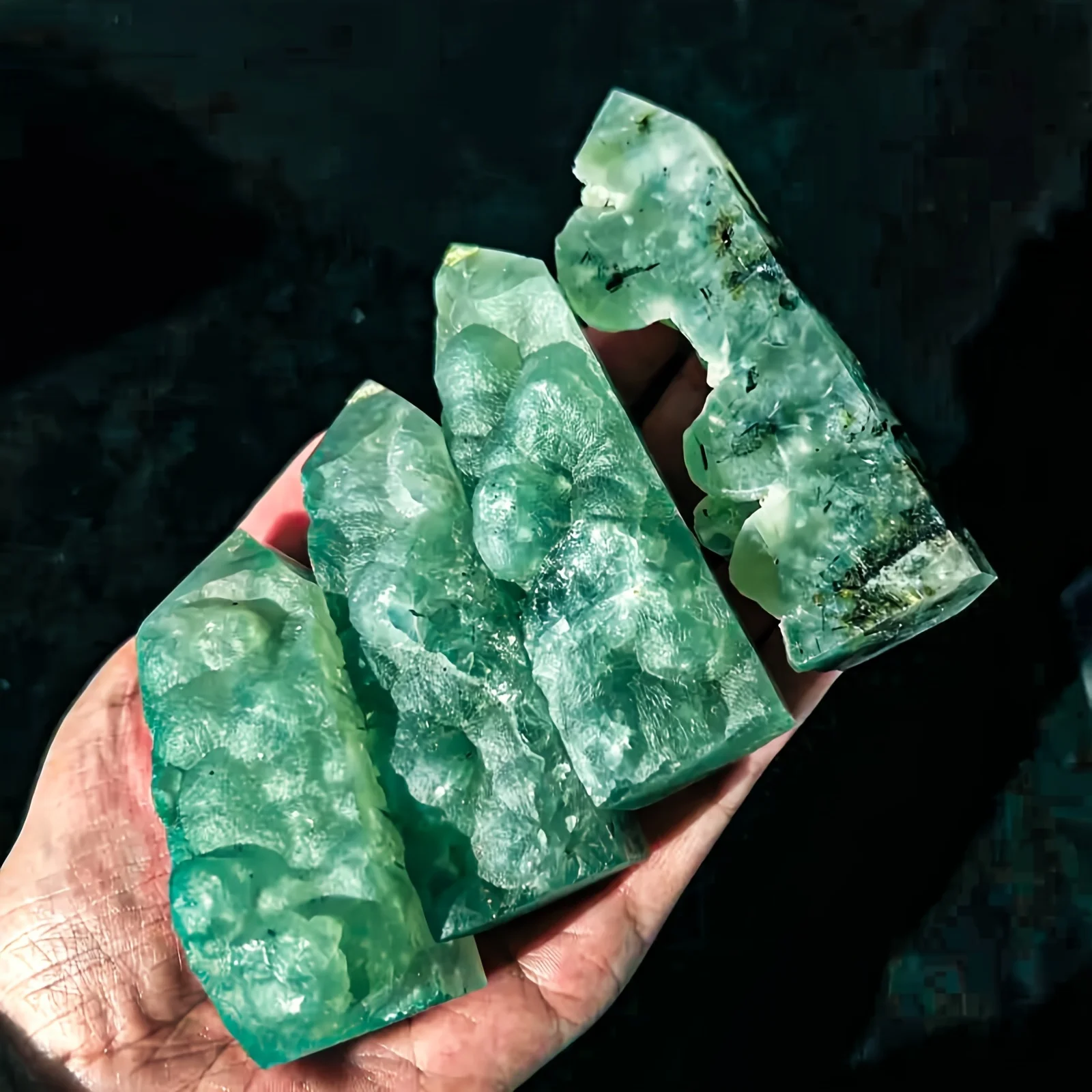 

1pc Natural Green Prehnite Crystal Tower, Pointed Column with Black Impurities, Semi-Transparent Quartz Crystal for Home Decor,