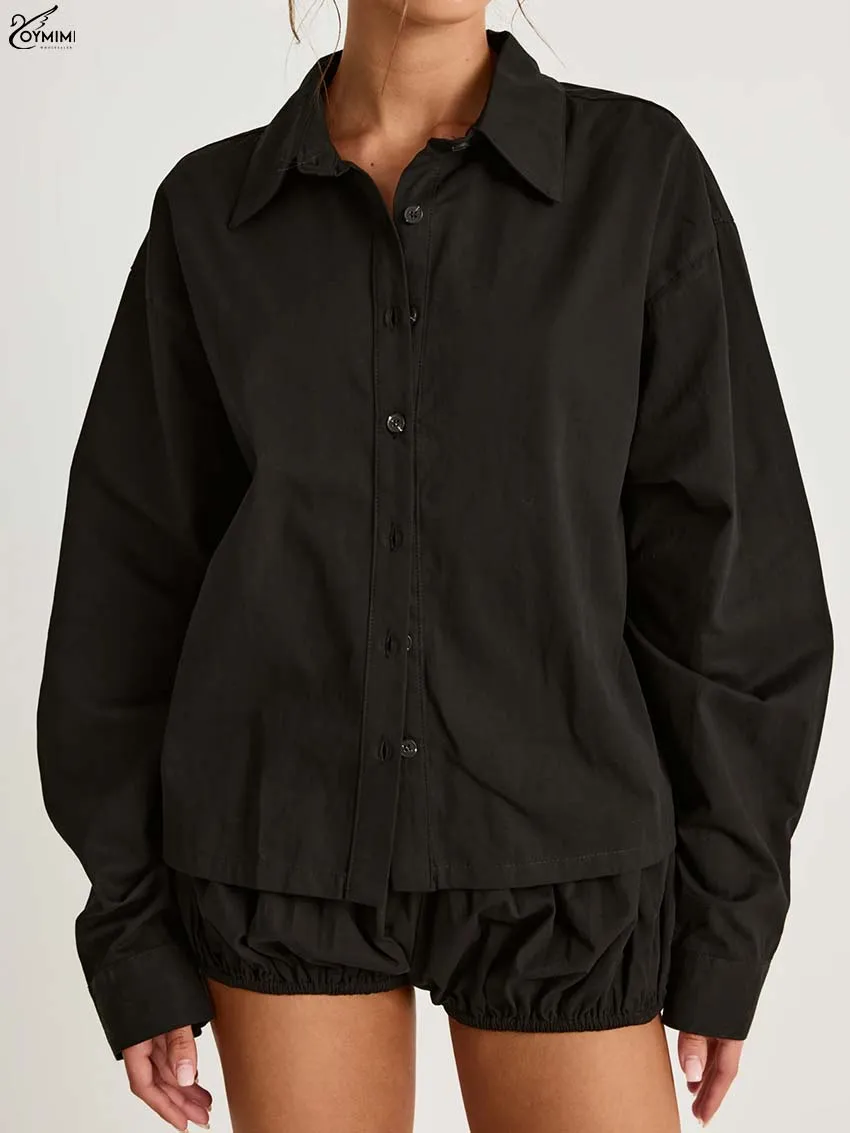 

Oymimi Fashion Black Cotton 2 Pieces Set For Woman Elegant Lapel Long Sleeve Single-Breasted Shirts And Slim Shorts Female Sets