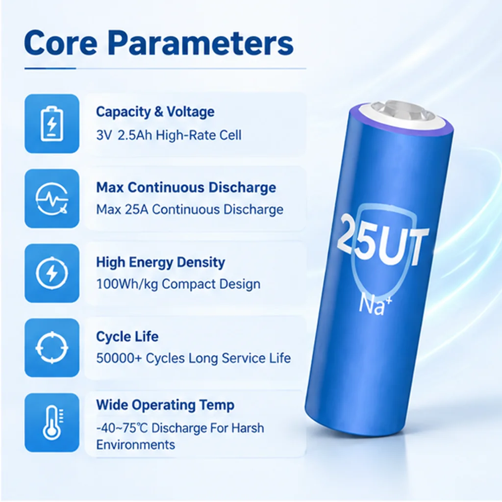 E-power 26650-25UT Sodium Ion Battery 3V 2.5Ah Grade A Na-ion Cell 0V Transport Low Temp for Solar E-scooter DIY Pack