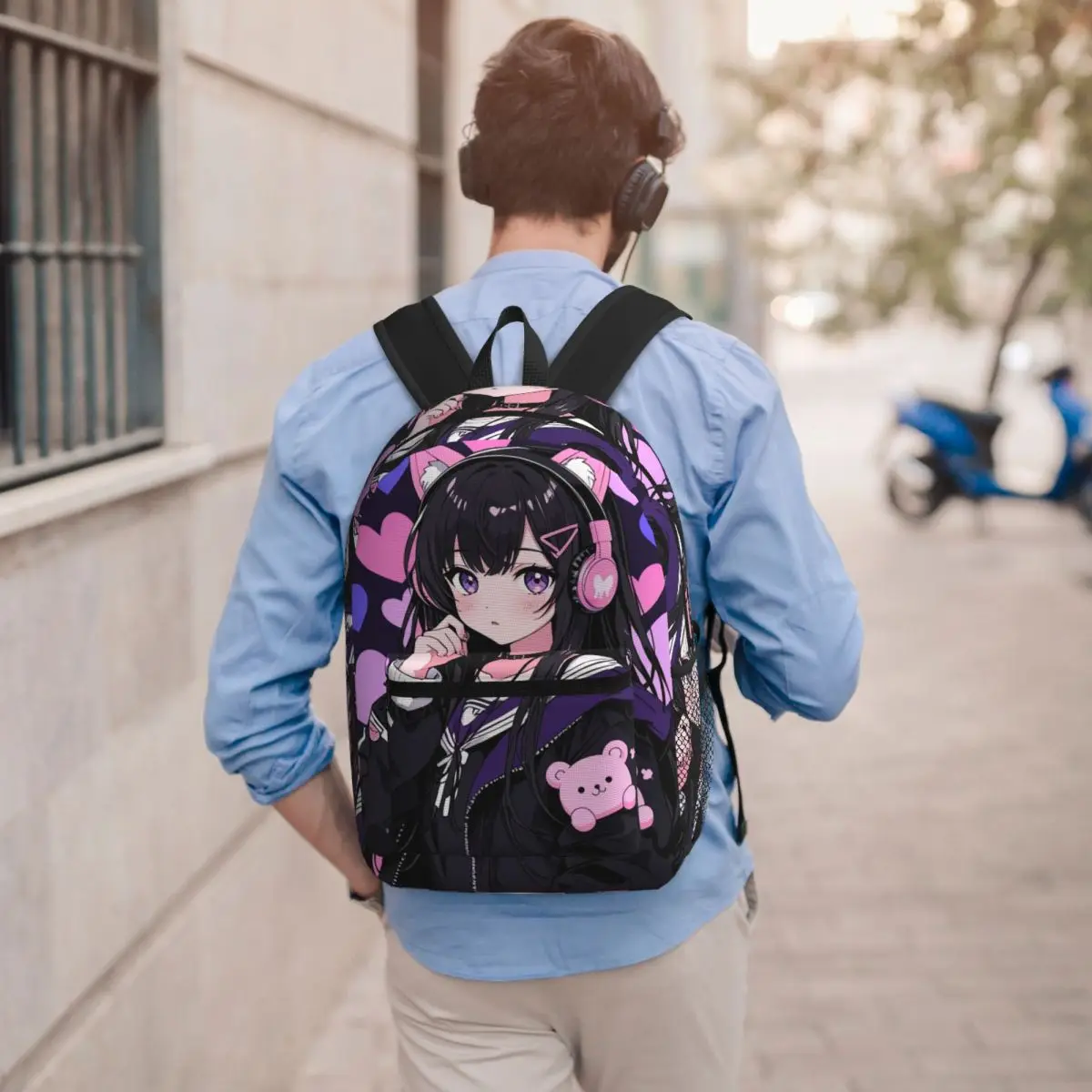 

Anime Girl Wearing Headphones Backpack Student BookBag Children School Bag Laptop Shoulder Bags for Men Women