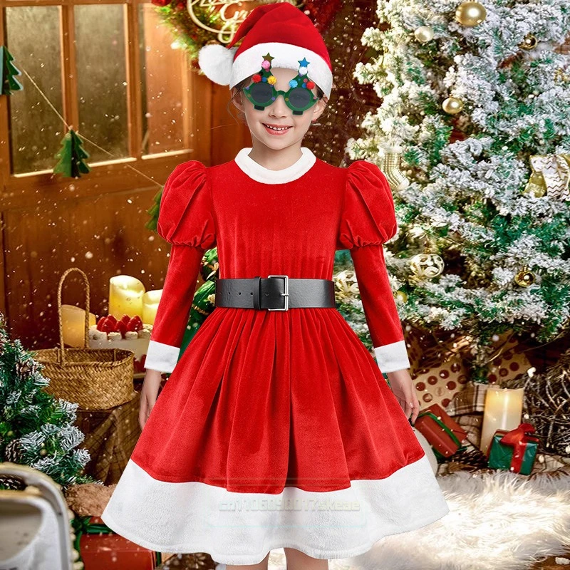 

Model Girl Christmas Dresses Cosplay Costume Long Sleeve Red Velvet Princess Fur Dress With Hat Kids Children New Years Gift
