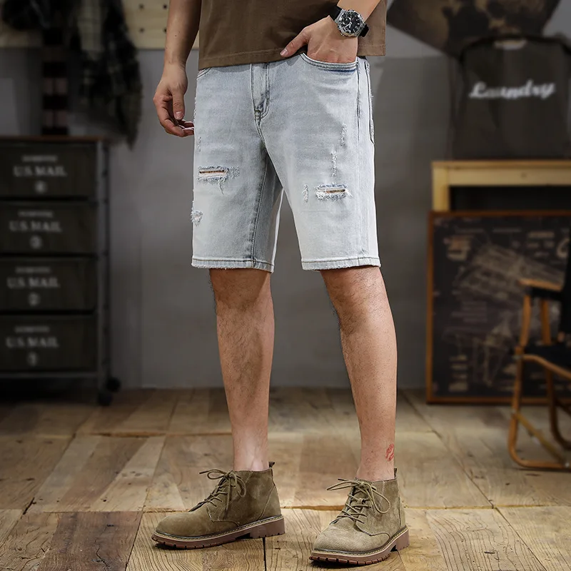 

Summer Washed Wear-White Ripped Denim Shorts Men's Versatile Slim Straight American Fashion Brand High-End Casual Cropped Pants