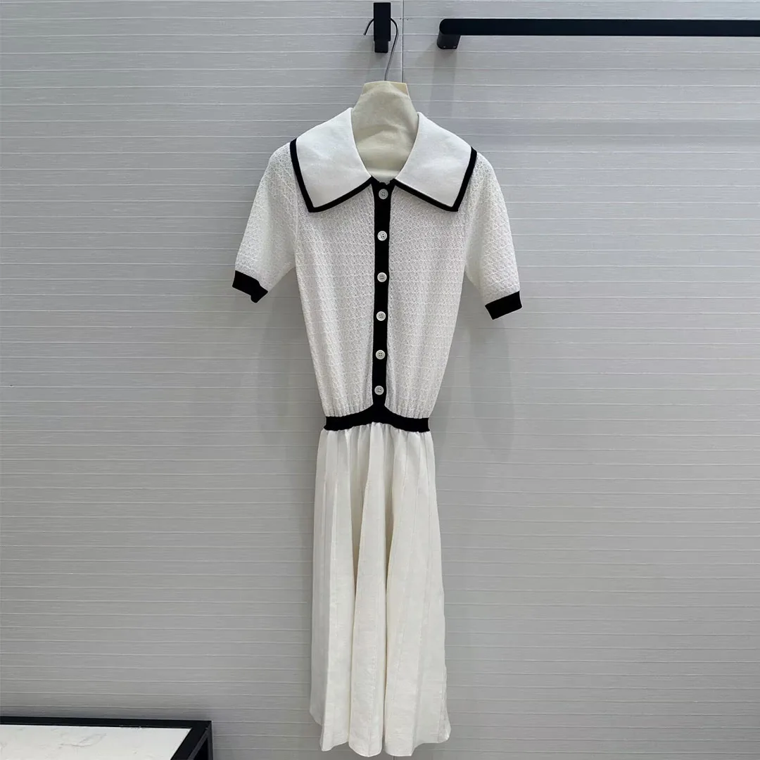 New Fashion Turn-down Collar Stripes Patchwork Knitted Hollow Out Single Breasted Preppy Style Dress Women White Sweet Dresses