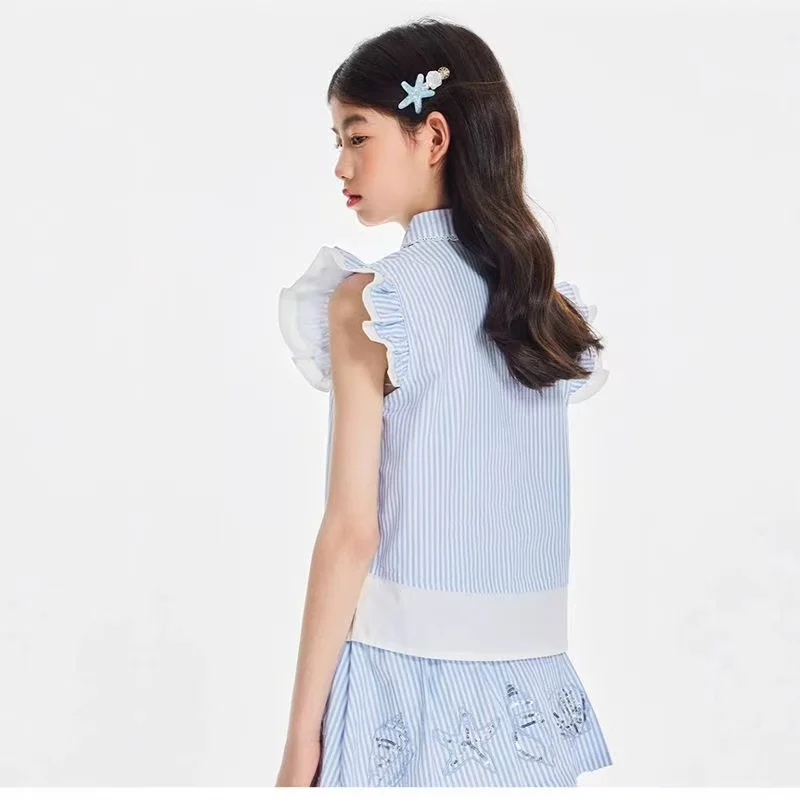 Girls' Short-sleeved Shirt With Small Flying Sleeves Set Summer New Style Girls' College Style Casual Pants And Skirt Trendy