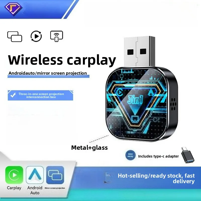 

3-in-1 Wireless CarPlay Android Auto Box, Car Mirror Link Screen Casting Dongle with Smart Control Function