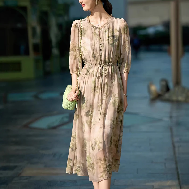 New 100% Real Silk Elegant Dresses For Women 2026 Summer Holiday Fashion Dress A-line Chic Floral Print Women's Long Dress