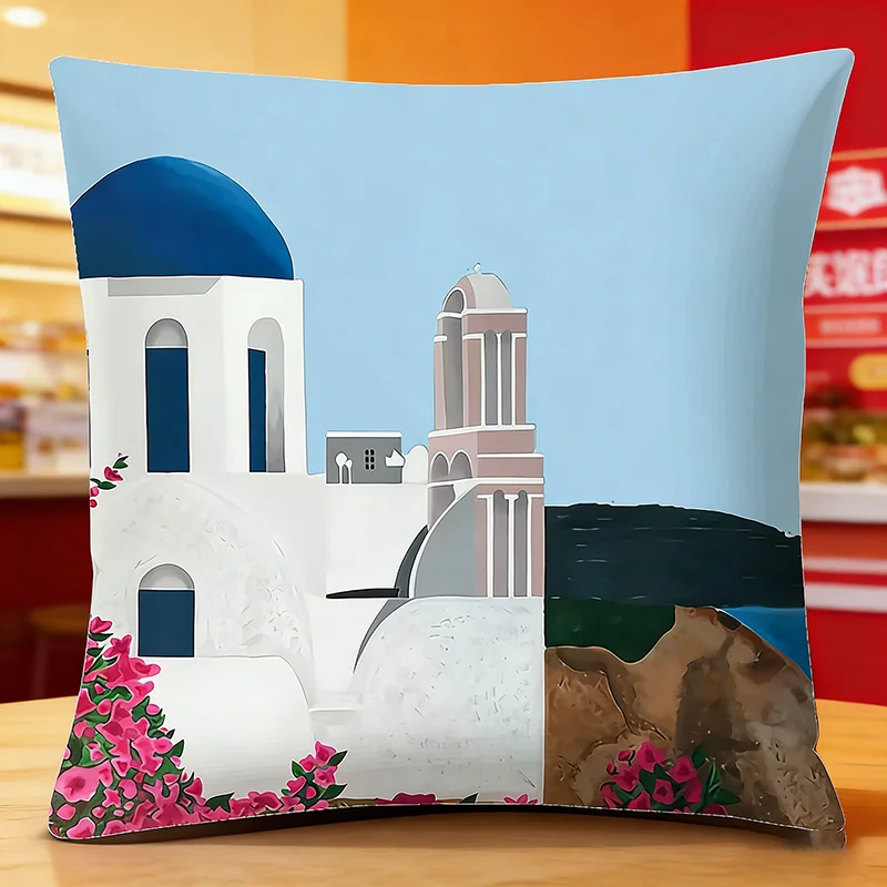 

1 Piece Peach Skin Pillow Cover Sea View Square Pillow Cover Cushion Cover Greece Architecture Throw Pillowcase Home Sofa Decor