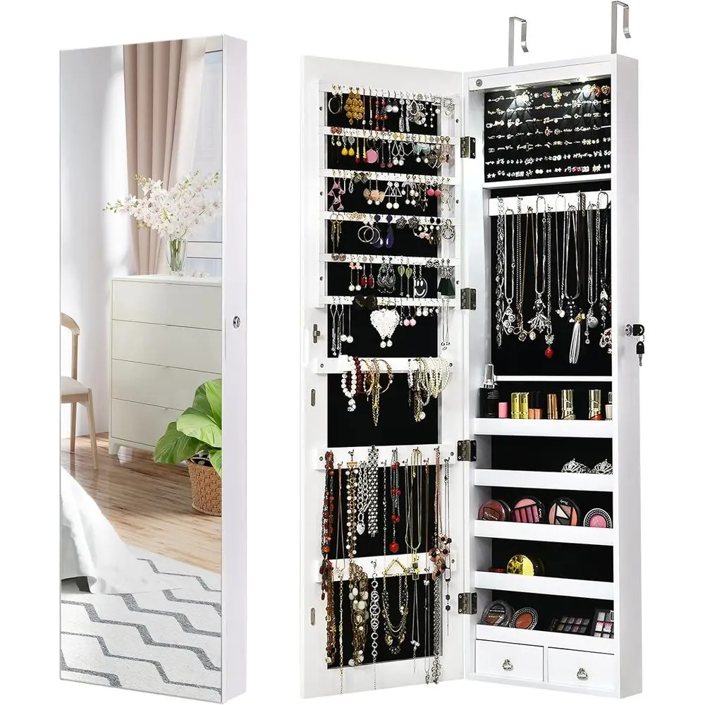 Wall Mounted Jewelry Armoire with Full Length Mirror & 2 LED Lights, Large Storage Capacity, Lockable Mirror Jewelry Cabinet for