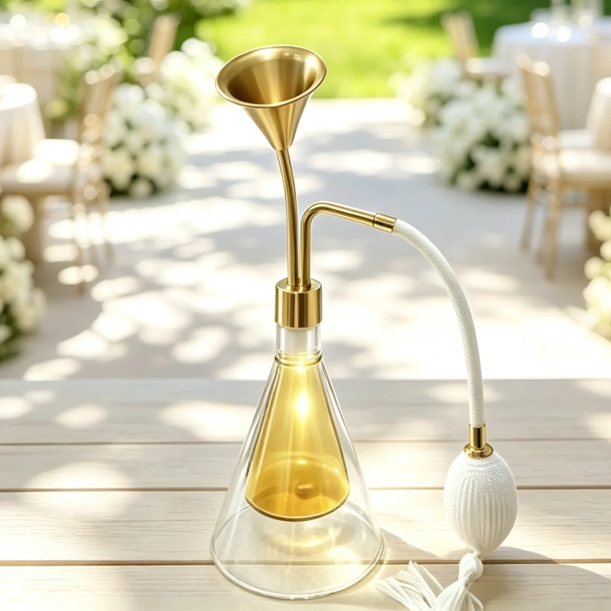 HAOCHEN  80ml Custom logo double layer glass perfume tester bottle brass white air pump perfume essential oil display stand