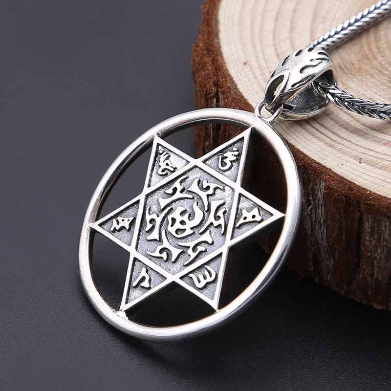 BOCAI New S925 Sterling Silver Jewelry Retro Personality Round Plate Hexagonal Star Six Character Mantra Pendan