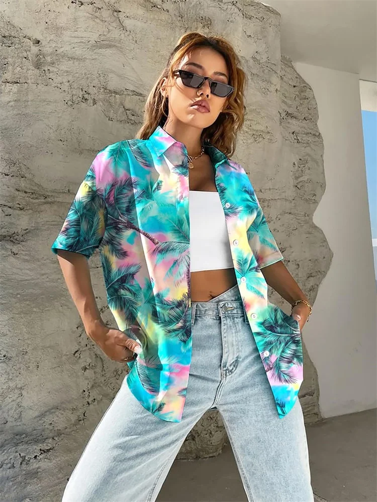 Лето 202, женские рубашки с короткими рукавами и принтами зеленых листьев, модные и повседневные летние каникулы