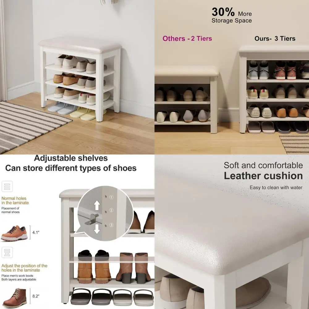 

Walnut 3-Tier Adjustable Height Leather Cushion Shoe Bench for Entryway and Mudroom Storage