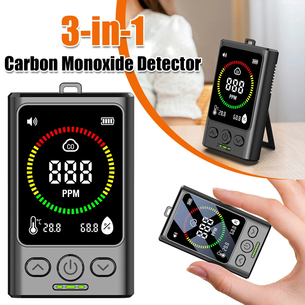 

3-in-1 CO Detector Rechargeable Temp Humidity Monitor with LCD Display CO Alarm Detector for Home Travel Hotel Indoor