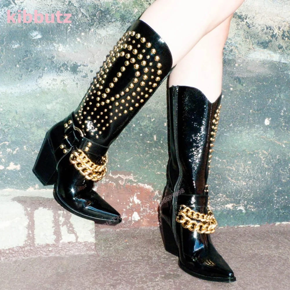 

Rivets Motorcycle Boots Knee High Metal Chain Pointed Toe Chunky Heel Side Zipper Solid Runway Show Fashion Sexy Women Shoes New