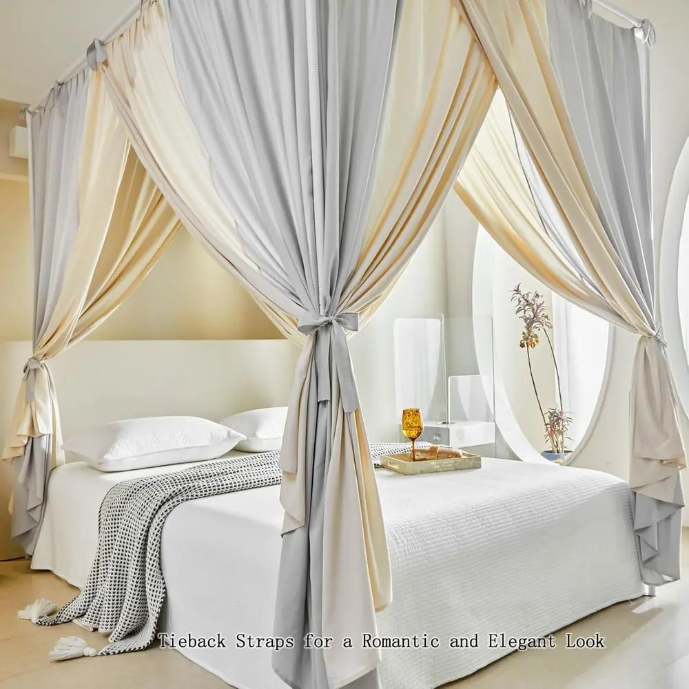 Elegant Canopy Curtains with Ties for King Beds - Soft Drapes for Privacy and Style in Gray/Khaki