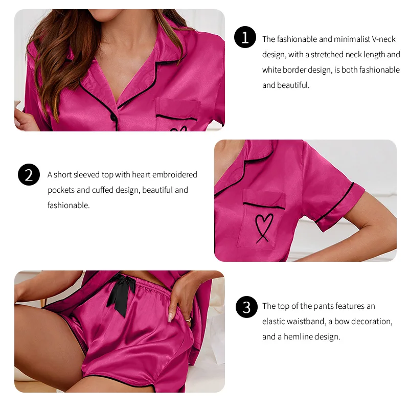 Women\'s Satin Pajama Set Summer Short Sleeve Lapel Tops with Shorts Sleepwear Pocket Heart Embroidery Nightwear Home Clothing