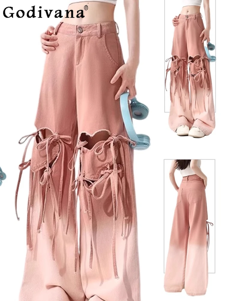 

Большой размер, милые розовые летние тонкие джинсы в форме сердца на шнуровке, женские свободные модные прямые широкие брюки с высокой талией и рваными брюками в пол