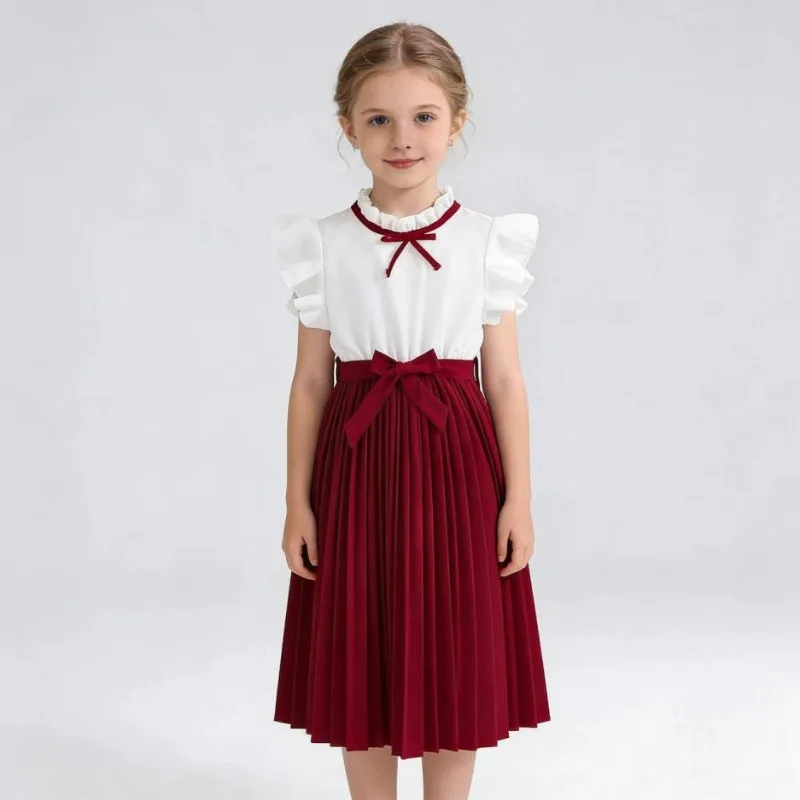 Girls Dresses Popular Children's Clothing 2026 Summer New Flying Sleeves Color Blocking Temperament Pleated Dress