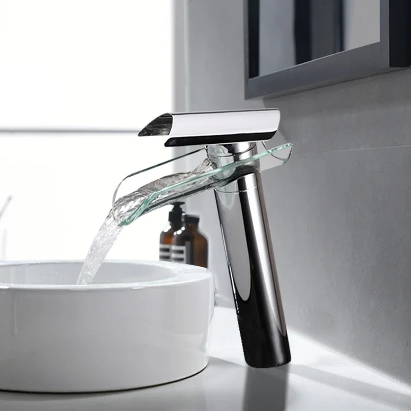 Basin Faucet Waterfall Bathroom Deck Mounted Glass Spout Single Handle Mixer Tap Chrome Bathroom Hot Cold Water  tap