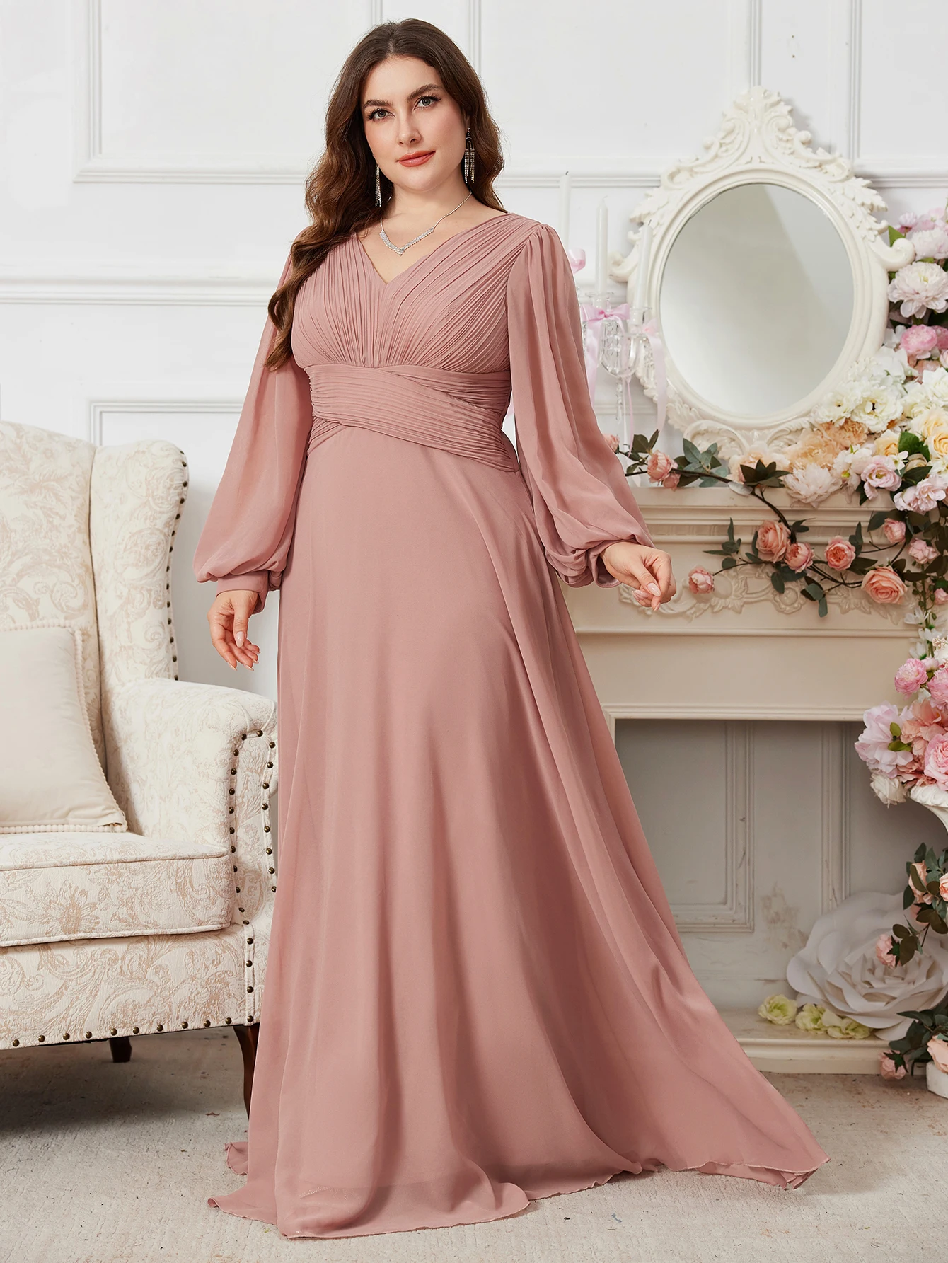 

UNITHORSE Plus женская плиссированная юбка с длинными рукавами и v-образным вырезом, платье макси для подружек невесты, шифоновое платье с расклешенным подолом