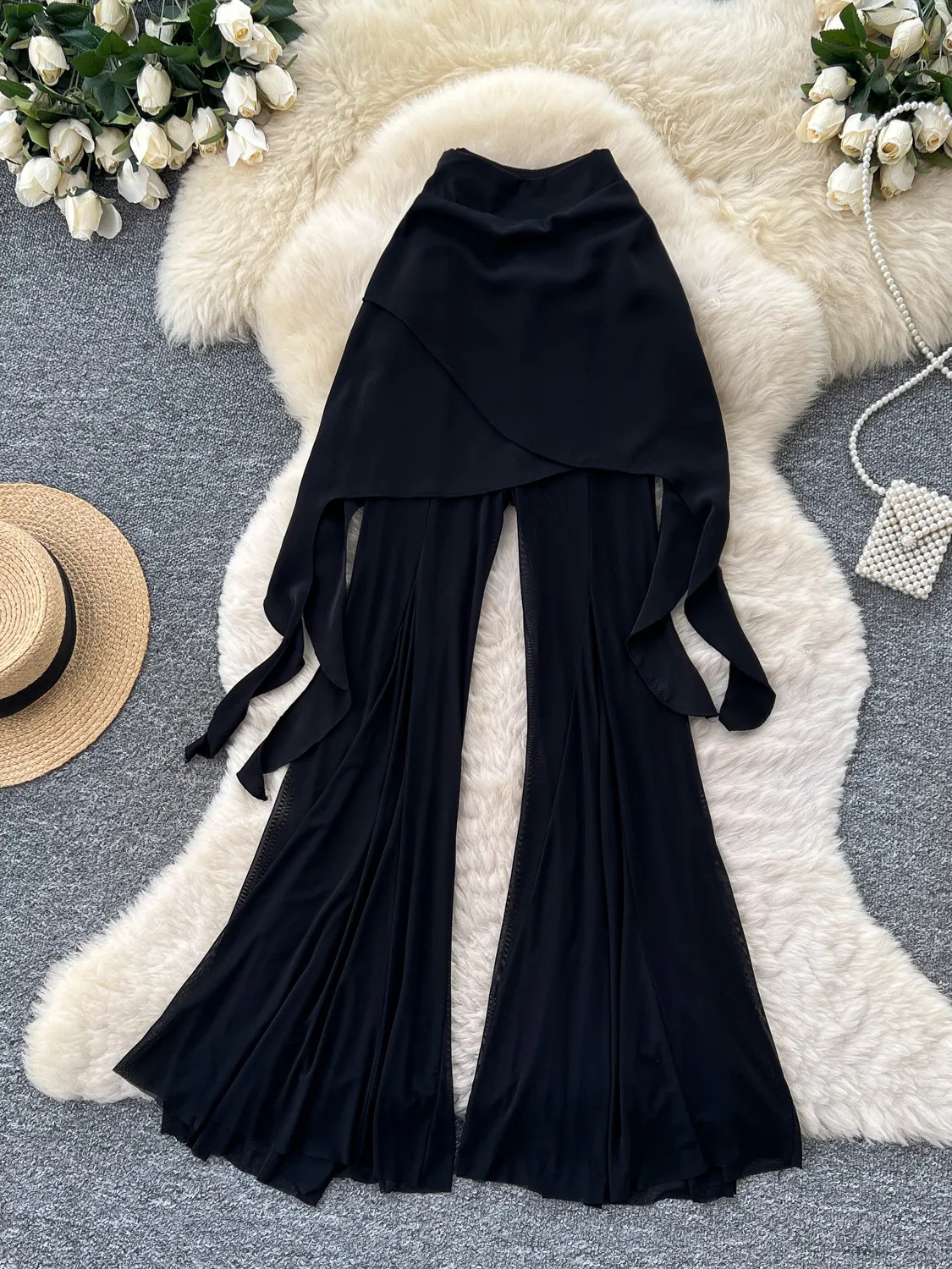 Women Black Gothic Flare Pants with Skirt Fake Two-Piece Y2k Emo Vintage Trousers Lace-Up High Waist Long Pants for Women Autumn