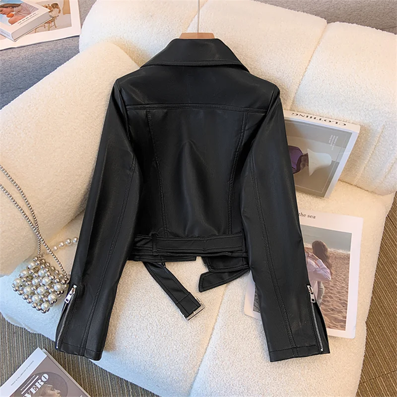Streetwear Black Short Faux Pu Leather Jacket With Belt Women Beige Slim Short Coat Autumn Lapel Long Sleeve Female Biker Jacket