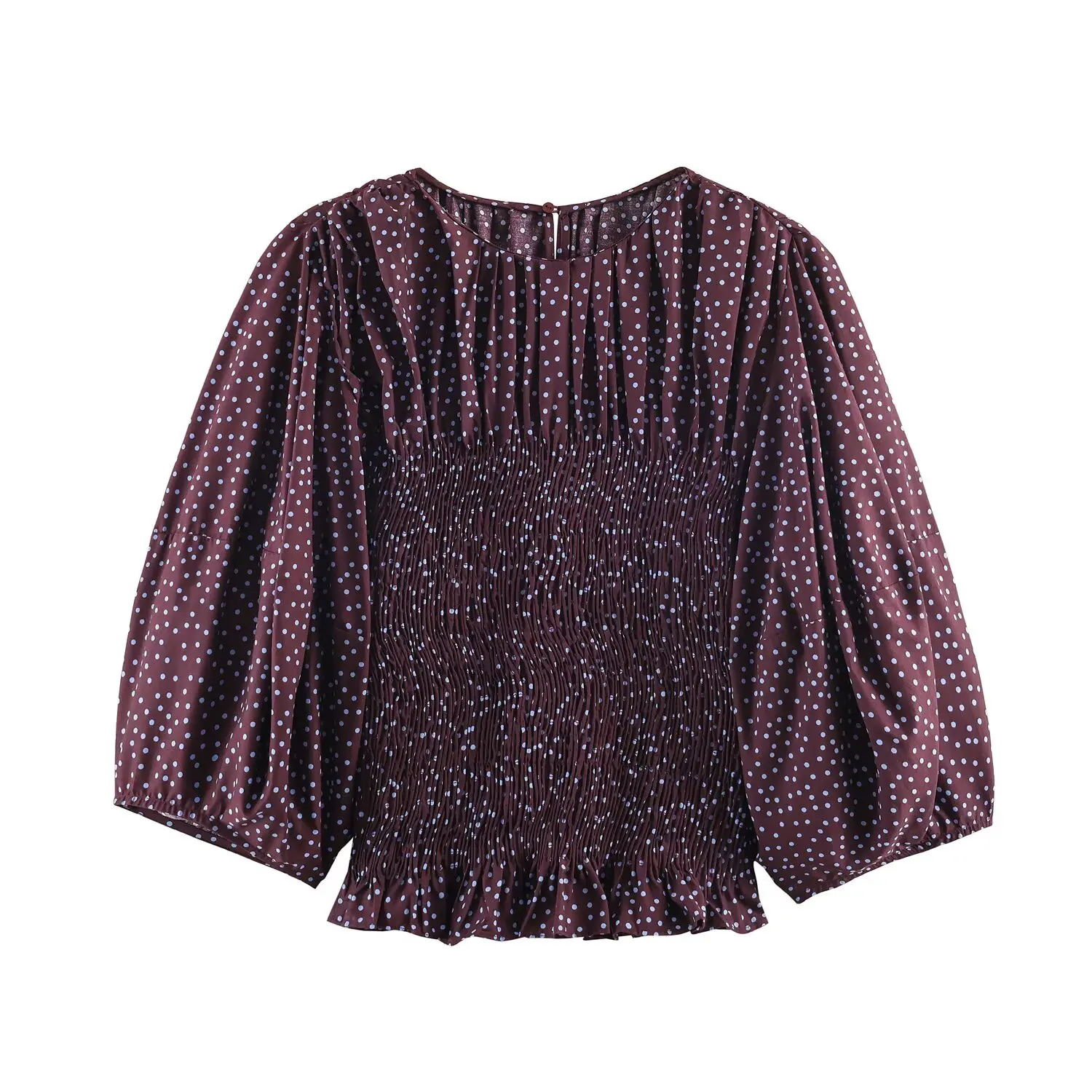 

Женская весенняя повседневная блузка с круглым вырезом, в горошек, с рукавами-баллонами, длинными рукавами, элегантная, из поплина, укороченная, эластичная