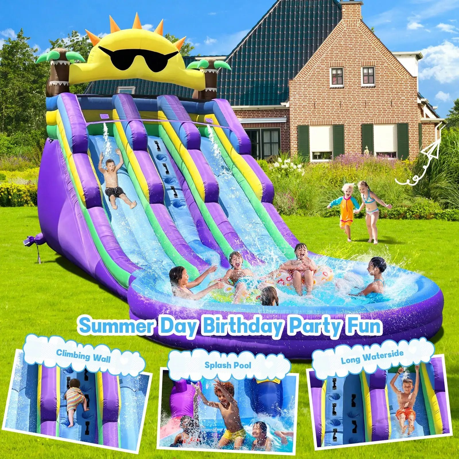

21FT Cute Sun Design Top Inflatable Water Slide, Summer Outdoor Yard Water Play Toy
