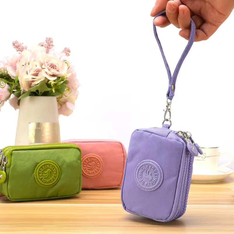 Mini Nylon Coin & Change Pouch — Zippered Key Holder — Portable, Multi-Layer Small Card Case — Solid Color Outdoor Organizer Bag