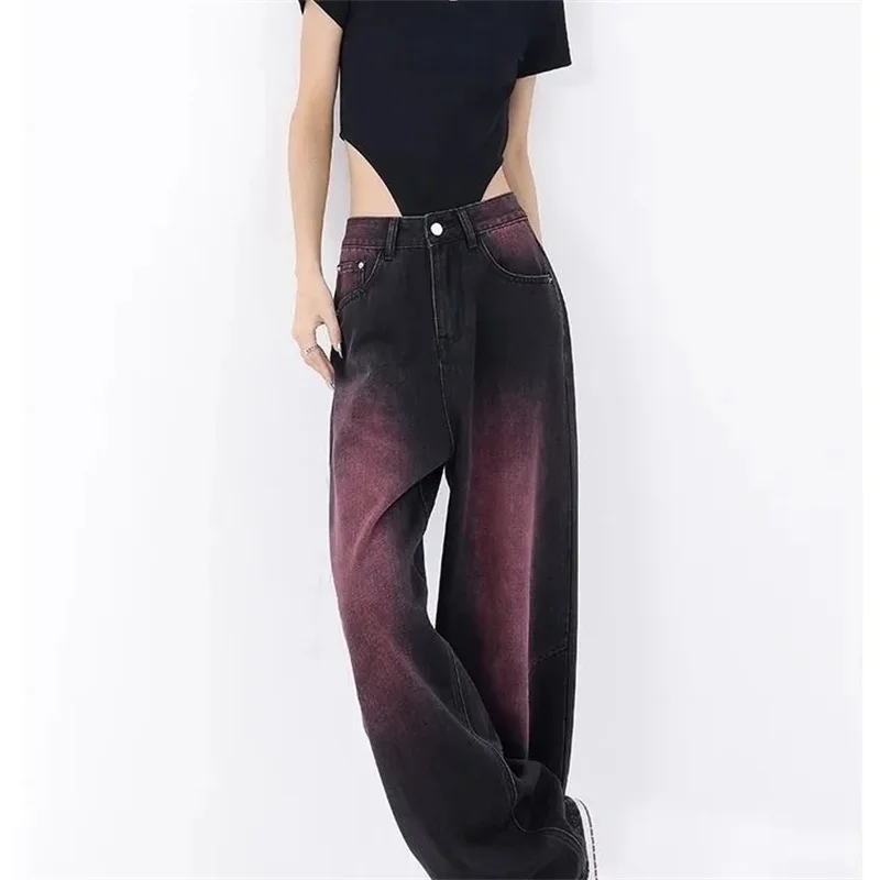 American Graffiti Wash Water Jeans Women's Spring and Autumn 2023 New Retro Gradient Design Sense Straight Leg Wide Leg Pants