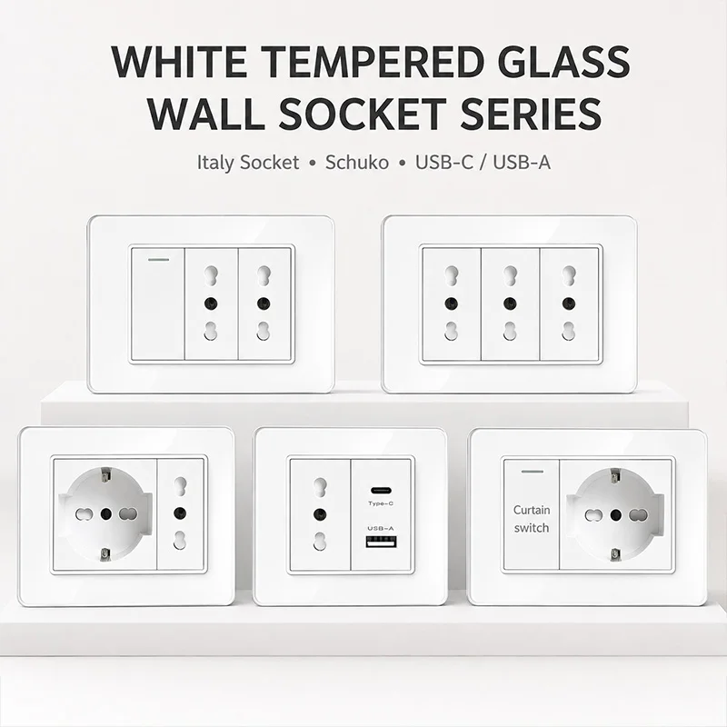118x75mm Tempered Glass Wall Socket Type C Fast Charging Italy Chile Schuko Outlet Switch CAT5 CAT6 Telephone SAT Modular Panel