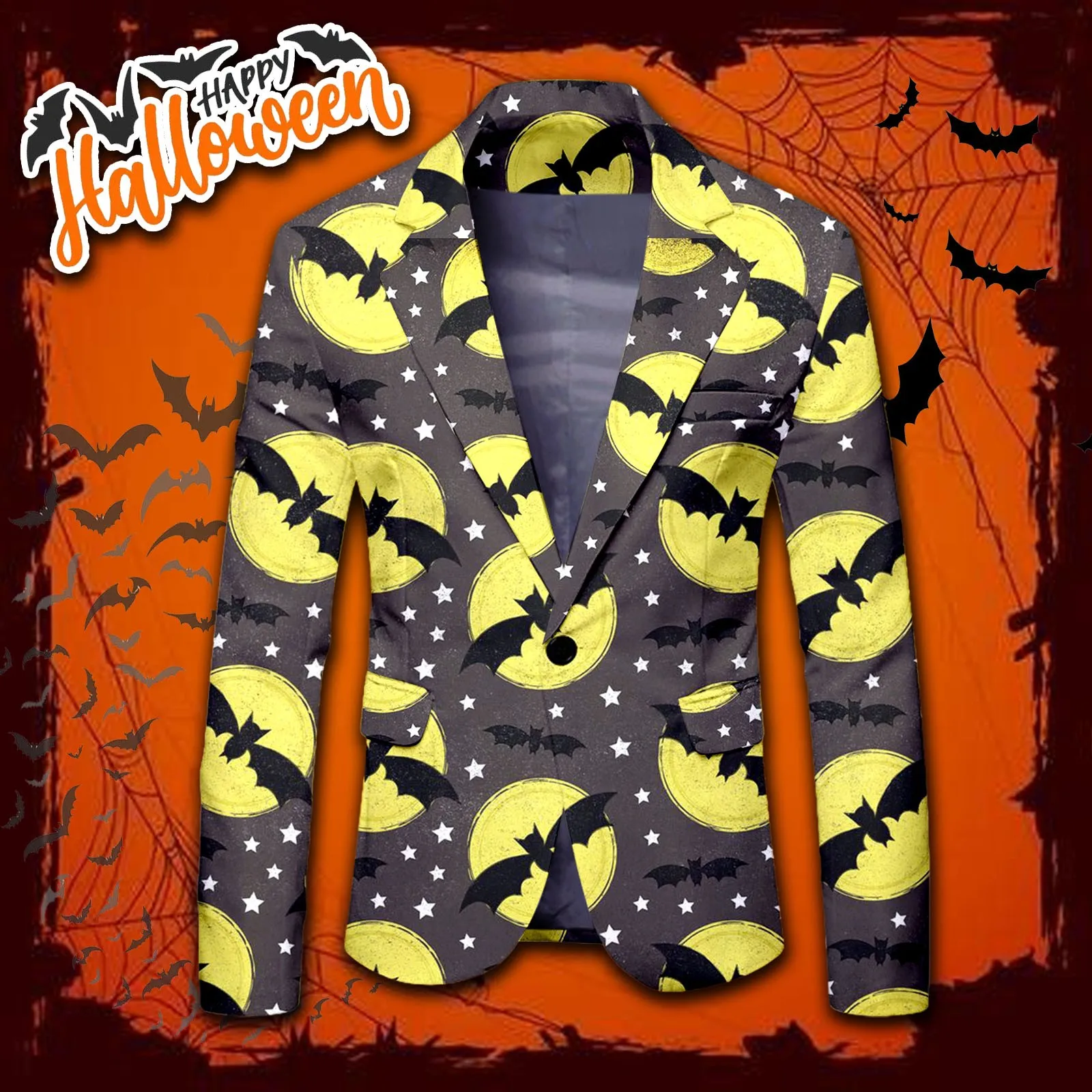 Fashion Halloween Pumpkin Print Suit Autumn Long Sleeve Cosplay Jacket Men Casaul Lapel Neck One Button Blazer with Pocket