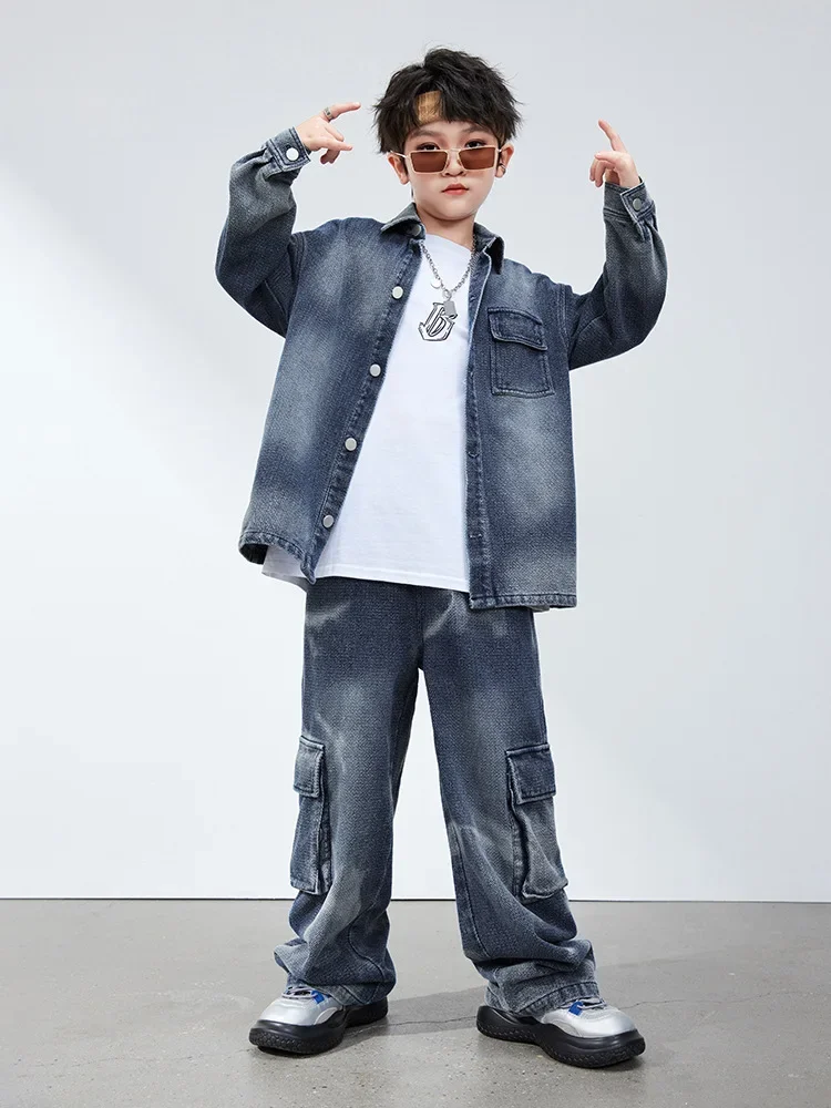 Kid Hip Hop Clothing Denim Blue Washed Shirt Jacket Top Casual Baggy Jeans Cargo Pants for Girl Boy Jazz Dance Costumes Clothes