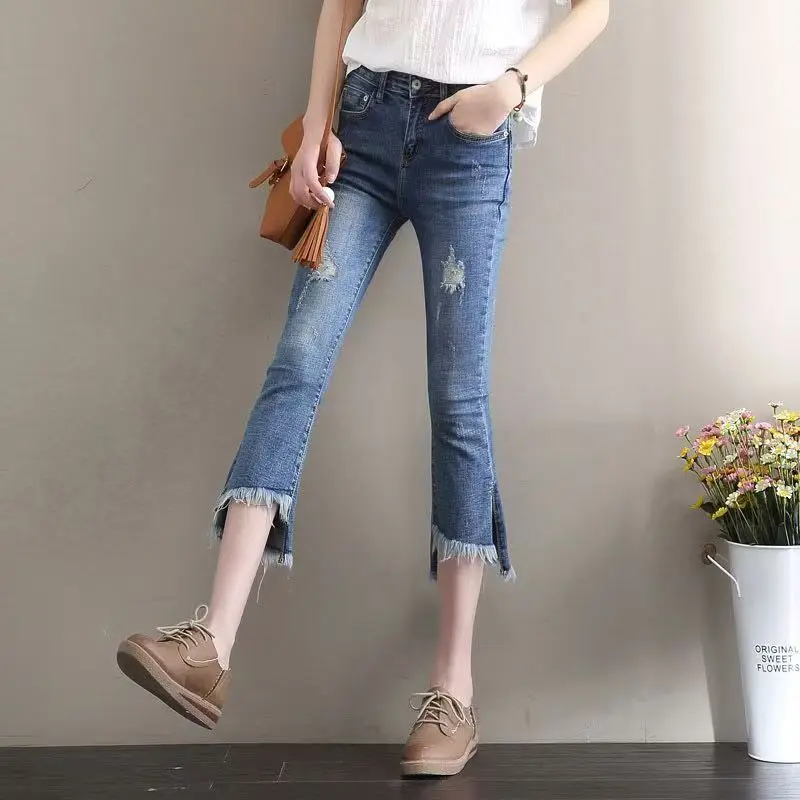 2026 New Women Korean Fashion High Waist Micro Bell Bottom Jeans Cropped Distressed Denim Pants with Raw Hem and Side Slit