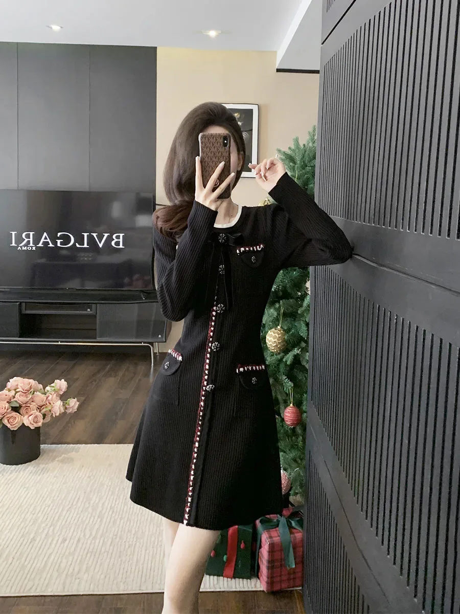 French style small fragrance high-end temperament autumn and winter bow new long sleeved knitted slim fit dress A-line skirt