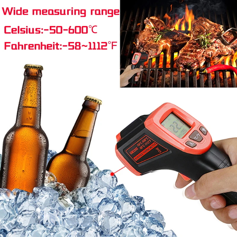 Digital Temperature Thermometer Gun -50~600℃ Professional Non-Contact LCD IR Laser Infrared LCD Screen Humidity Meter Pyrometer