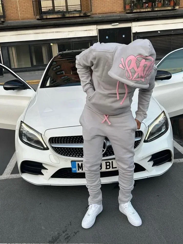 Y2k Street Męskie bluzy z kapturem Proste spodnie 2-częściowy zestaw Hip Hop Sportowe spodnie z kapturem Luźny bawełniany dres z nadrukiem