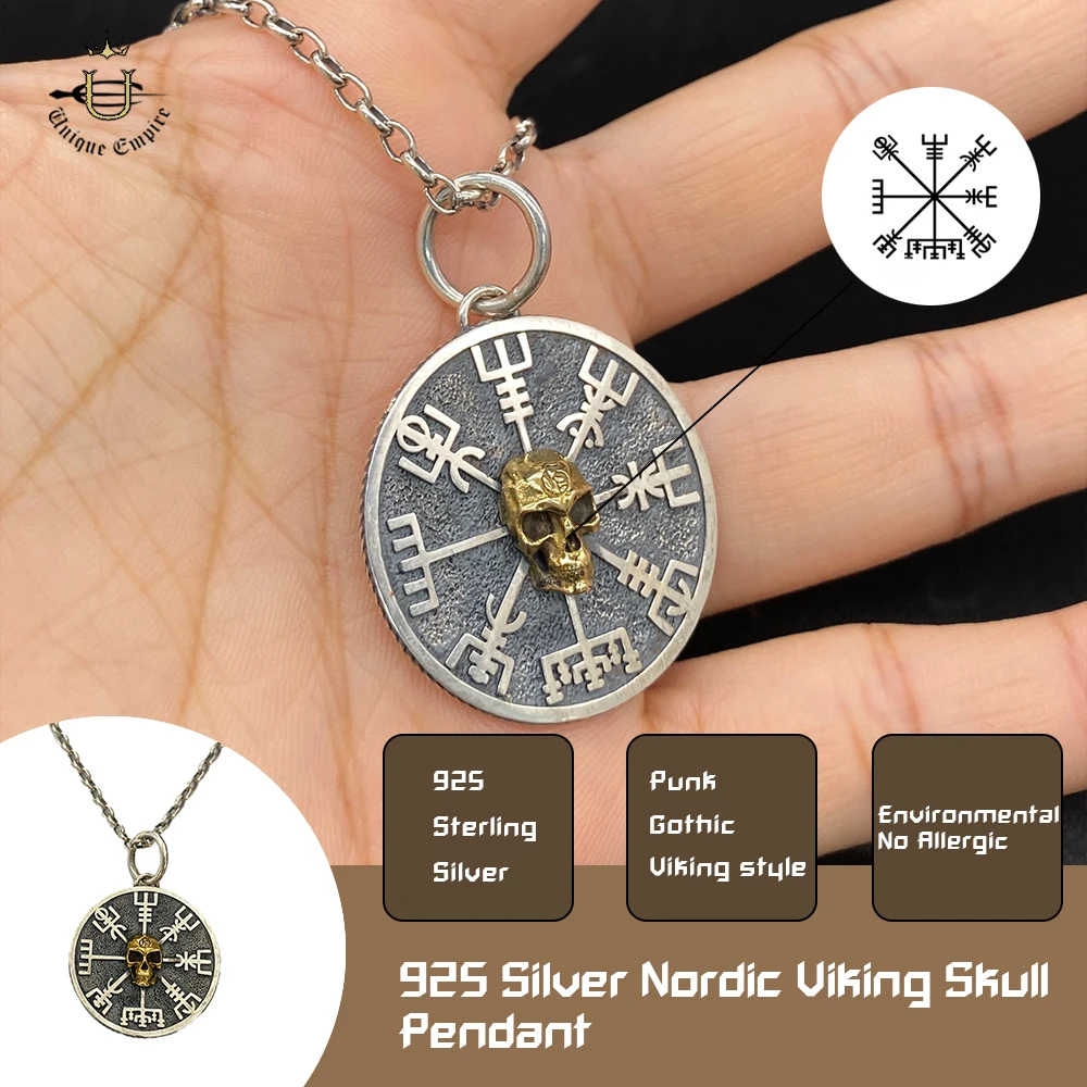 

Skull Viking Compass Necklace Trendy Silver Pendant for Men, Norse Mythology Jewelry, Masculine Chain, Unique Gothic & Retro