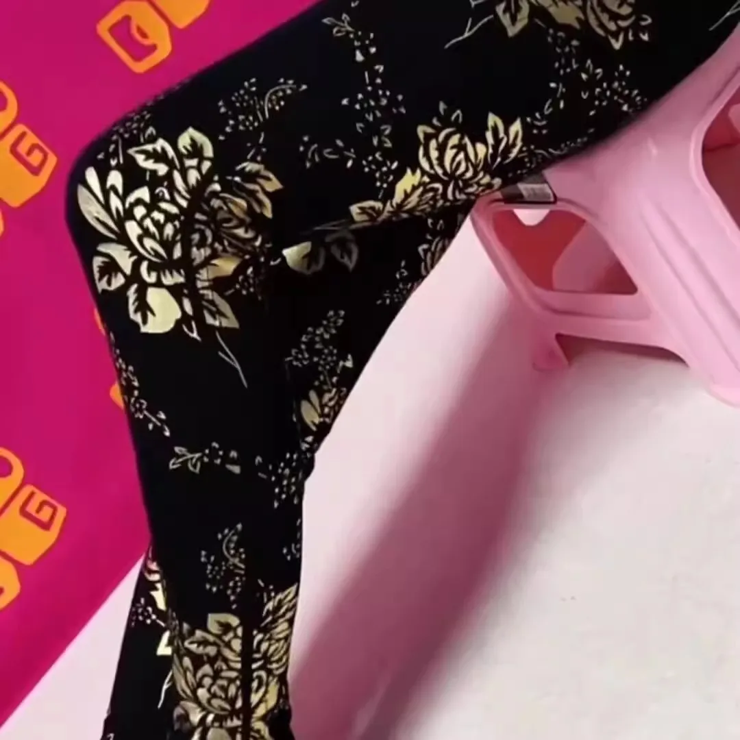 Leggings For Women Plus Size 3XL Thick Warm High-Waisted Elastic-Waisted  Pants With Fleece Hot Gold Peonies Printed Leggings