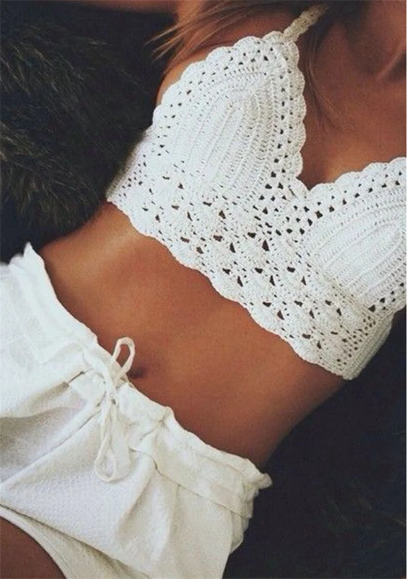 

Хлопковый вязаный крючком топ бикини пуш-ап ручной работы, бразильский вязаный купальник бикини, женские купальники, сексуальные укороченные топы бикини, бюстгальтер, жилет