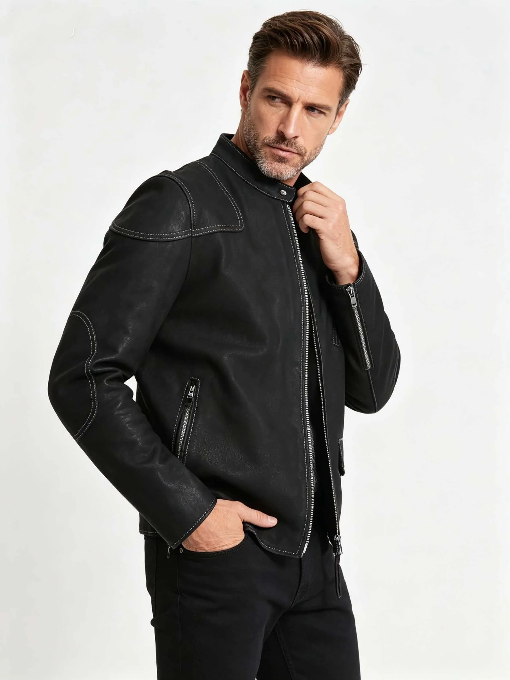 Black Spring Leather Jacket Men Retro Style Plus Size 4XL Genuine Natural Cow Suede Stand Collar Slim Fit Sports Coat
