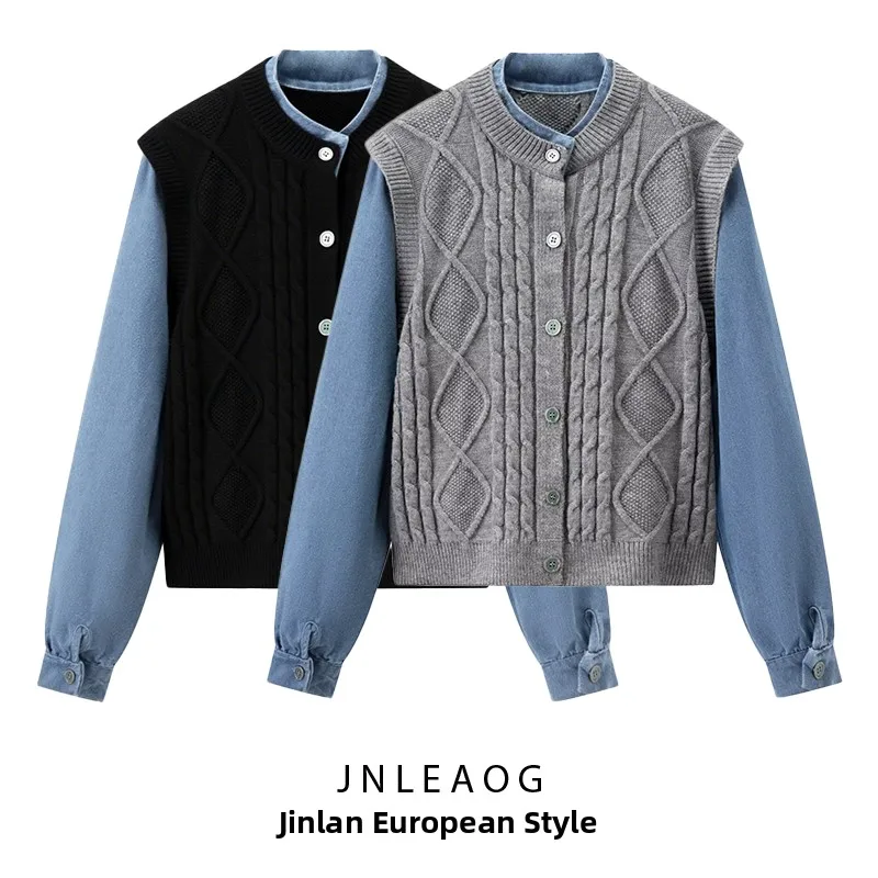 

JNLEAOG Autumn New Women's Faion Retro Patchwork Sweater ort Color Blo Denim Sve Top European Sle Loose Fit Knitted