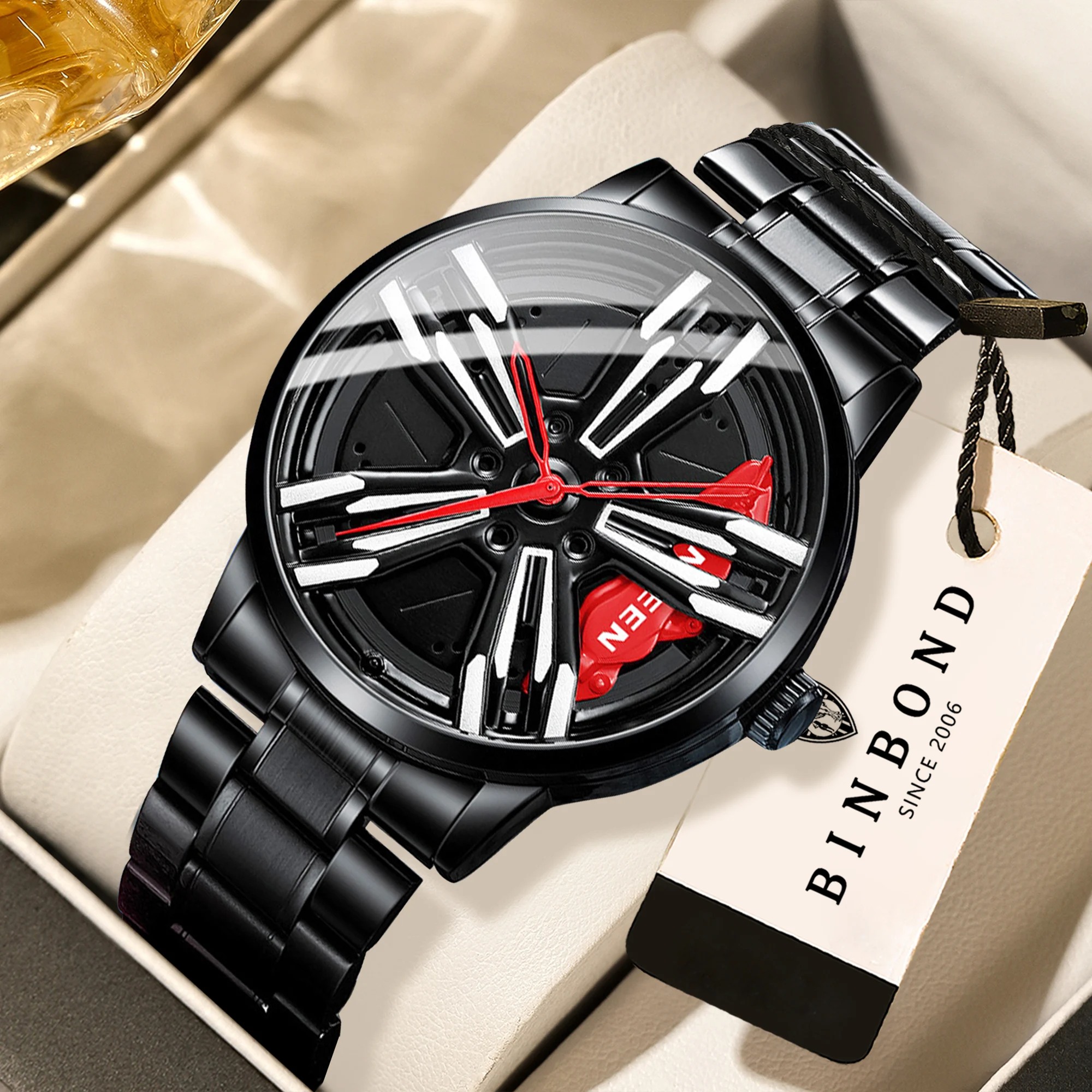 Relojes de cuarzo de lujo BINBOND para hombre, luminosos, impermeables, con diseño de llanta de coche, reloj de pulsera deportivo, de negocios, informal y a la moda.
